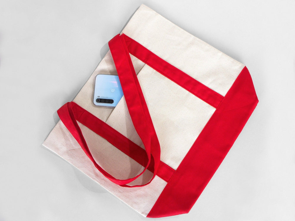 Large Trend Canvas Shopping Bag with Red Handle, 16"W x 14"H x 5"L, Large Tote Bag 12 Oz, Personalized - Pamusan.com