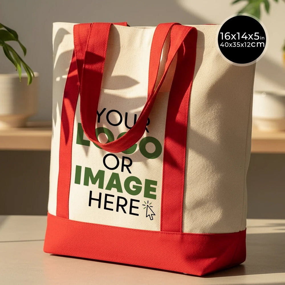 Large Trend Canvas Shopping Bag with Red Handle, 16"W x 14"H x 5"L, Large Tote Bag 12 Oz, Personalized - Pamusan.com