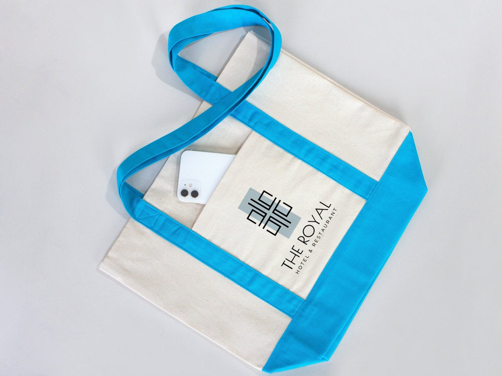 Large Trend Canvas Shopping Bag with Turquoise Handle, 16"W x 14"H x 5"L, Large Tote Bag 12 Oz, Personalized - Pamusan.com