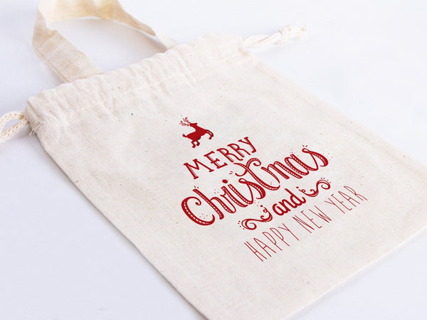 Merry Christmas And New Year Bags, 6"W x 8"H (15 cm x 20 cm) Custom Family or Company Bags, Add Logo & Text, Personalized Cotton Bags - Pamusan.com