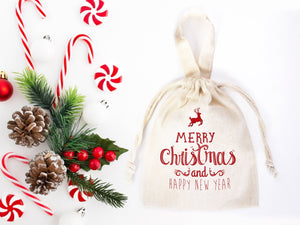 Merry Christmas And New Year Bags, 6"W x 8"H (15 cm x 20 cm) Custom Family or Company Bags, Add Logo & Text, Personalized Cotton Bags - Pamusan.com