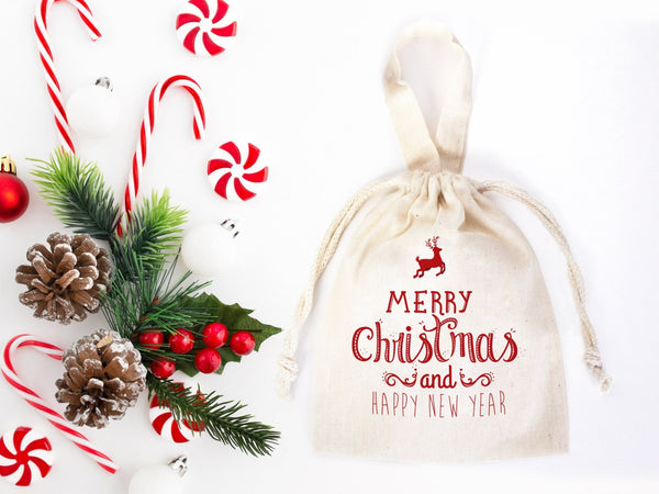 Merry Christmas And New Year Bags, 6"W x 8"H (15 cm x 20 cm) Custom Family or Company Bags, Add Logo & Text, Personalized Cotton Bags - Pamusan.com