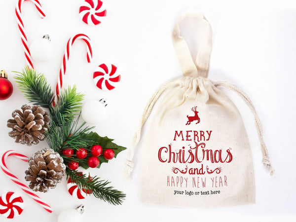 Merry Christmas And New Year Bags, 6"W x 8"H (15 cm x 20 cm) Custom Family or Company Bags, Add Logo & Text, Personalized Cotton Bags - Pamusan.com