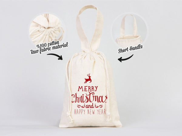 Merry Christmas And New Year Bags, 6"W x 8"H (15 cm x 20 cm) Custom Family or Company Bags, Add Logo & Text, Personalized Cotton Bags - Pamusan.com