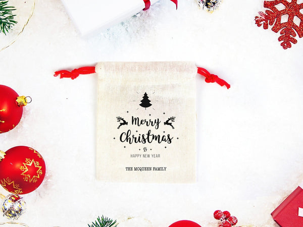 Merry Christmas And New Year Pouch Bags, Custom Family or Company Gift Bag, You Can Add Logo & Text, Cotton Bags, Personalized Muslin Bags - Pamusan.com