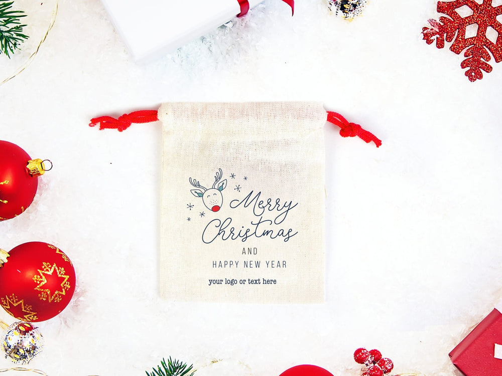 Merry Christmas Gift Pouches – Custom Printed Muslin Bags with Colorful Drawstrings | Pamusan