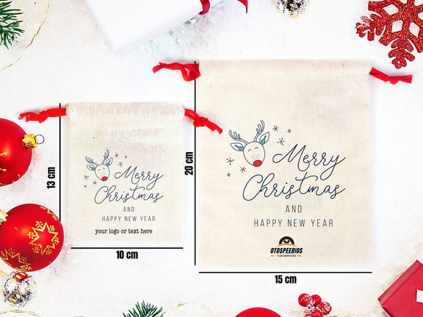 Merry Christmas Gift Pouches – Custom Printed Muslin Bags with Colorful Drawstrings — print detail | Pamusan