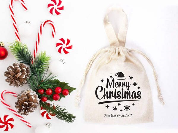 Merry Christmas Favor Bags – Custom Family or Company Cotton Gift Pouches — logo detail | Pamusan
