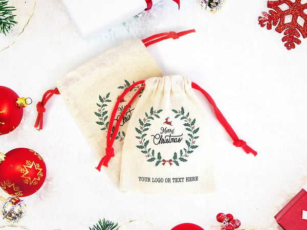 Merry Christmas Pouch Bags – Custom Cotton Drawstring Gift Bags — logo detail | Pamusan