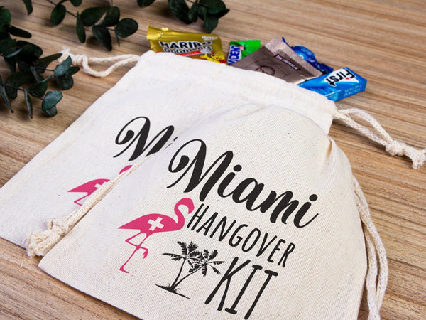 Miami Hangover Kit Bags, Survival Kit Bags Wedding Recovery Kit Party Bachelorette Birthday Party, Organic Cotton Drawstring Pouchs Bag - Pamusan.com