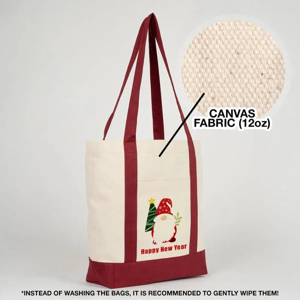 New Year Canvas Tote Bag 16" × 14" × 5" (40 × 35 × 12 cm) Burgundy Handles – (18 Festive Designs) - Pamusan.com
