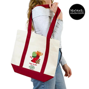 New Year Canvas Tote Bag 16" × 14" × 5" (40 × 35 × 12 cm) Burgundy Handles – (18 Festive Designs) - Pamusan.com