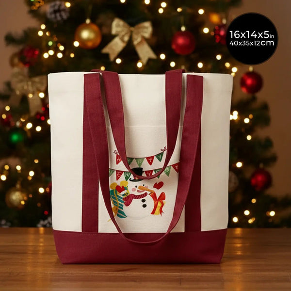 New Year Canvas Tote Bag 16" × 14" × 5" (40 × 35 × 12 cm) Burgundy Handles – (18 Festive Designs) - Pamusan.com
