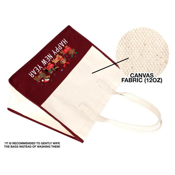 New Year Canvas Tote Bag 18" × 14" × 7.5" – Burgundy Holiday Gift Bag (18 Designs) - Pamusan.com