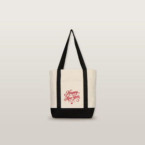 New Year Canvas Tote Bag with Pocket – 16" × 14" × 5" (40 × 35 × 12 cm) with Red, Black or Burgundy Trim, 9 Happy New Year 2027 Designs - Pamusan.com