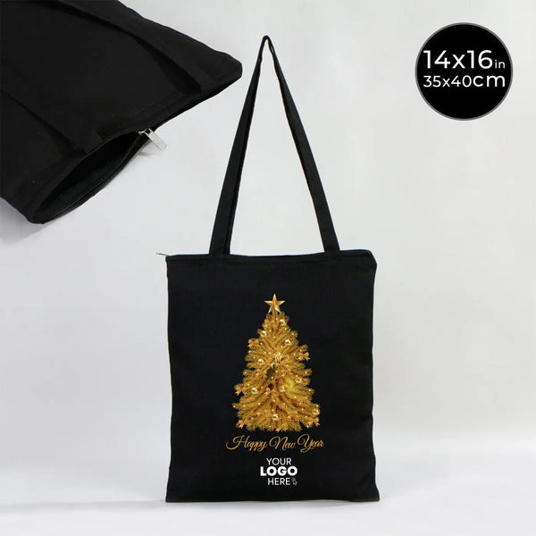 New Year Cotton Tote Bag with Zipper – Black 14" × 16" (35 × 40 cm) Custom Printed Gift Bag - Pamusan.com