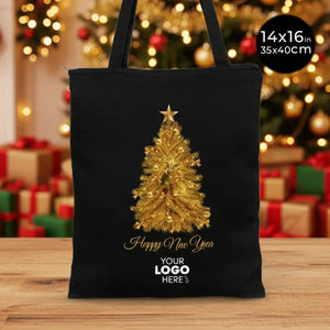 New Year Cotton Tote Bag with Zipper – Black 14" × 16" (35 × 40 cm) Custom Printed Gift Bag - Pamusan.com