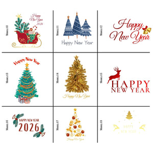 “Collection of 9 Happy New Year 2026 designs featuring Christmas trees, golden ornaments, reindeer, and elegant holiday typography.”