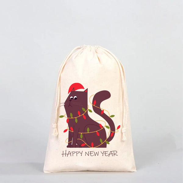New Year Drawstring Pouch 8" × 12" (20 × 30 cm) – Natural Cotton Gift Bag for Festive Gifts - Pamusan.com