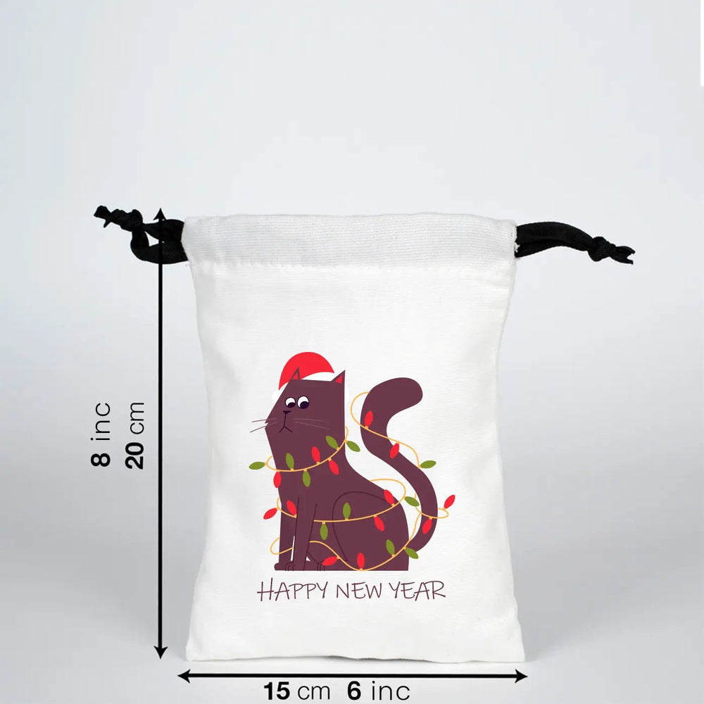 New Year Drawstring Pouch – Holiday Cotton Gift Bag with Black Strings - Pamusan.com