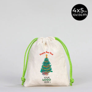 New Year Green Cotton Drawstring Bag 4" × 5" (10 × 13 cm) – Personalized Gift Pouch - Pamusan.com