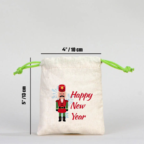 New Year Green Cotton Drawstring Bag 4" × 5" (10 × 13 cm) – Personalized Gift Pouch - Pamusan.com