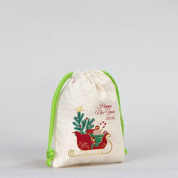 New Year Green Cotton Drawstring Bag 4" × 5" (10 × 13 cm) – Personalized Gift Pouch - Pamusan.com