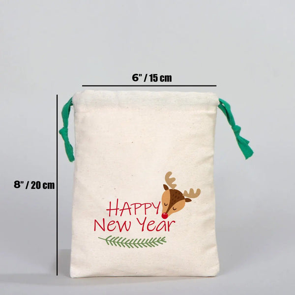 New Year Green Drawstring Pouch 6" × 8" (15 × 20 cm) – Custom Cotton Gift Bag for Holiday - Pamusan.com