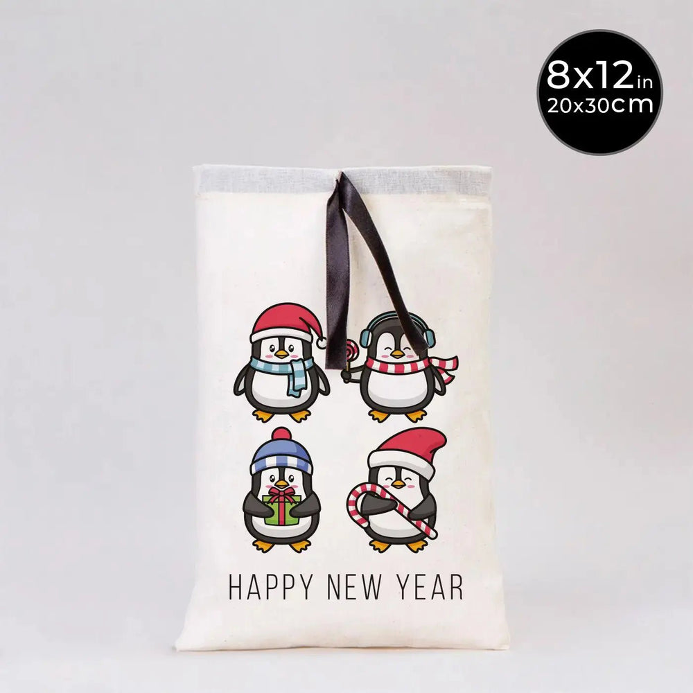 New Year Ribbon Pouch 8x12" (20x30 cm) – Custom Cotton Bag with Holiday Characters - Pamusan.com
