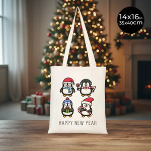 New Year Tote Bag 14" × 16" (35 × 40 cm) – Natural Cotton Fabric with Cute Penguin Holiday Design - Pamusan.com