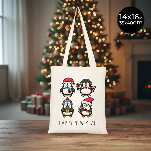 New Year Tote Bag 14" × 16" (35 × 40 cm) – Natural Cotton Fabric with Cute Penguin Holiday Design - Pamusan.com