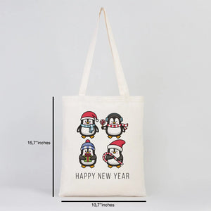New Year Tote Bag – Natural Cotton Fabric with Cute Penguin Holiday Design - Pamusan.com