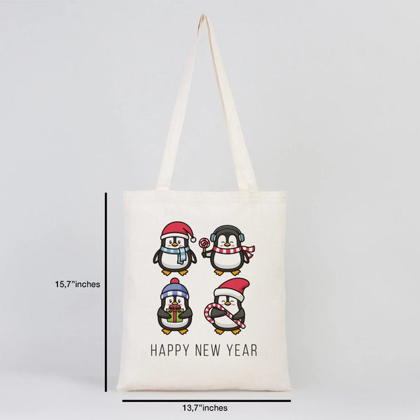 New Year Tote Bag – Natural Cotton Fabric with Cute Penguin Holiday Design - Pamusan.com