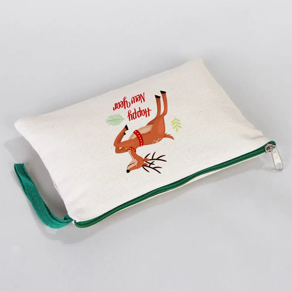 New Year Zipper Pouch 8" × 6" (21 × 15 cm) – Custom Cotton Holiday Gift Bag with Green Handle - Pamusan.com