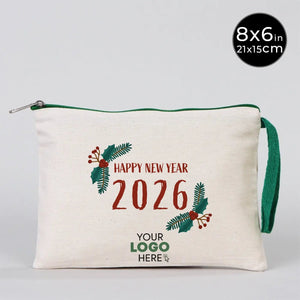New Year Zipper Pouch 8" × 6" (21 × 15 cm) – Custom Cotton Holiday Gift Bag with Green Handle - Pamusan.com