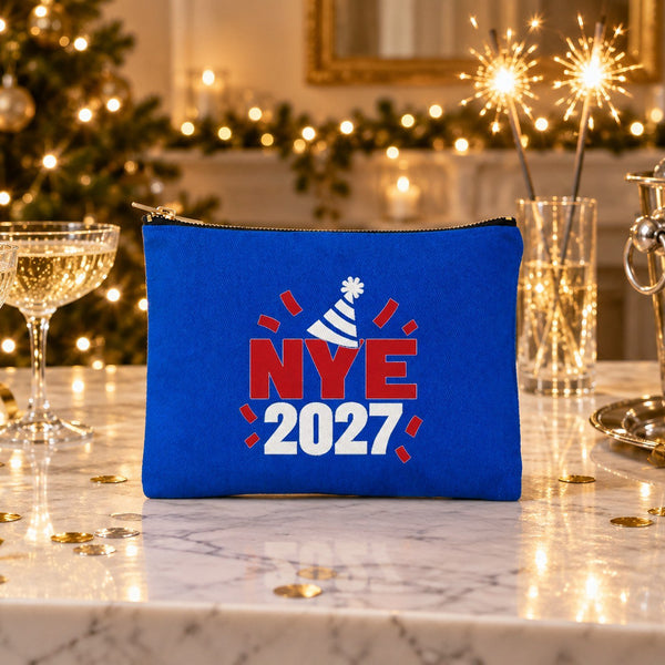 New Year's Eve Party Favors – Makeup Bags Bulk, 9 Happy New Year 2027 Designs, Zipper Clutch 8.3" × 6" (21 × 15 cm) – Cotton Gabardine - Pamusan.com