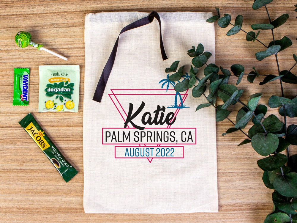 Palm Springs Ca Bags, Hangover bags with Black Ribbon, Custom Organic Cotton Pouch, Wedding Recovery Kit Party Bachelorette Birthday Party - Pamusan.com