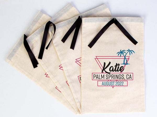 Palm Springs Ca Bags, Hangover bags with Black Ribbon, Custom Organic Cotton Pouch, Wedding Recovery Kit Party Bachelorette Birthday Party - Pamusan.com