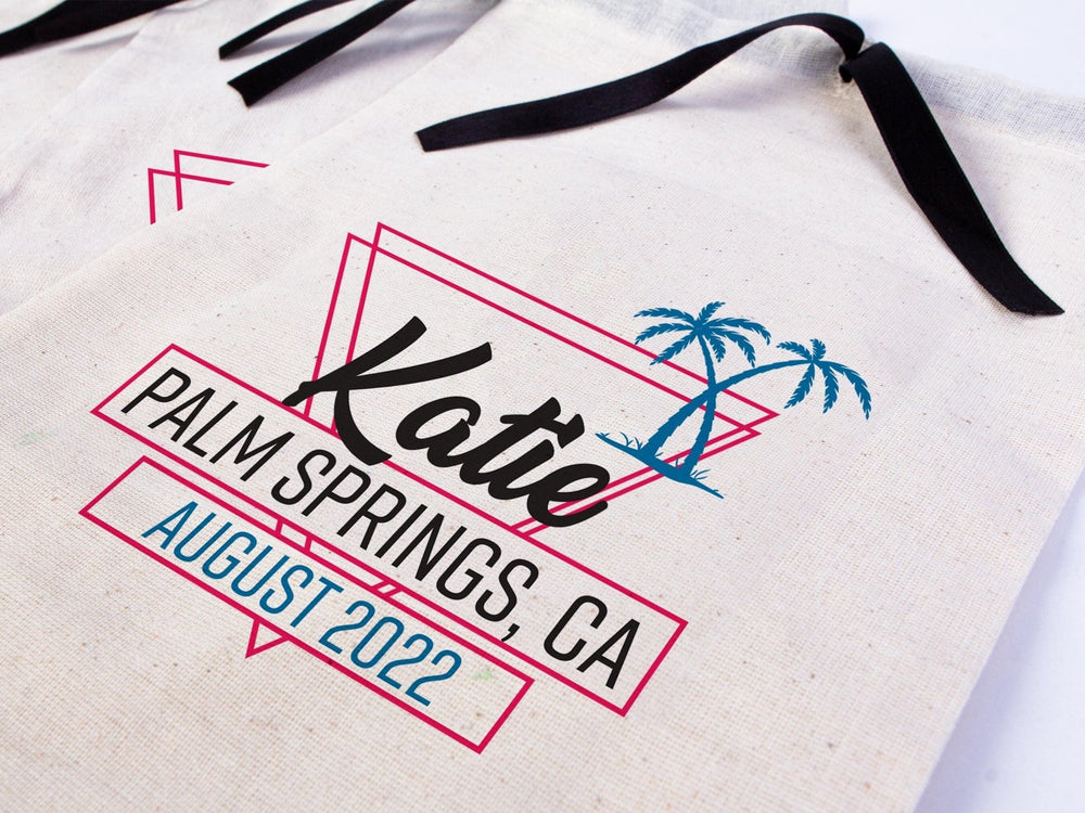Palm Springs Ca Bags, Hangover bags with Black Ribbon, Custom Organic Cotton Pouch, Wedding Recovery Kit Party Bachelorette Birthday Party - Pamusan.com