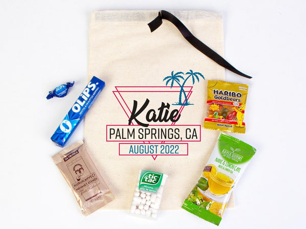 Palm Springs Ca Bags, Hangover bags with Black Ribbon, Custom Organic Cotton Pouch, Wedding Recovery Kit Party Bachelorette Birthday Party - Pamusan.com