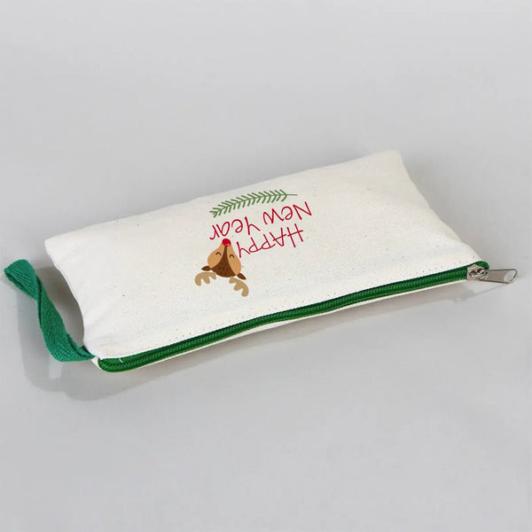 Pencil Case Happy New Year 8" × 4" (21 × 10 cm) – Festive Holiday Design with Green Zipper - Pamusan.com