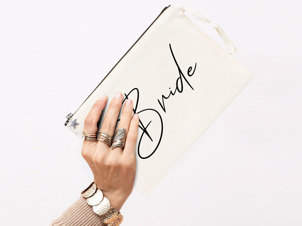 Personalised Bride clutch bag - 10"W x 7"H (25 cm x 18 cm) Custom Cotton Clutch Bags - Bride gift - Bride Wedding Eco friendly Clutch bag - Pamusan.com