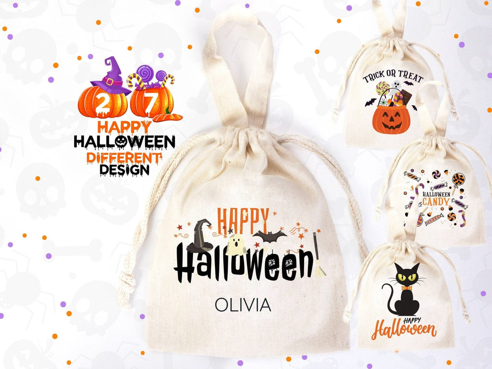 Personalized Halloween Drawstring Pouch Bag – 6"x8" Trick or Treat Candy Bag with Name, 27 Designs - Pamusan.com