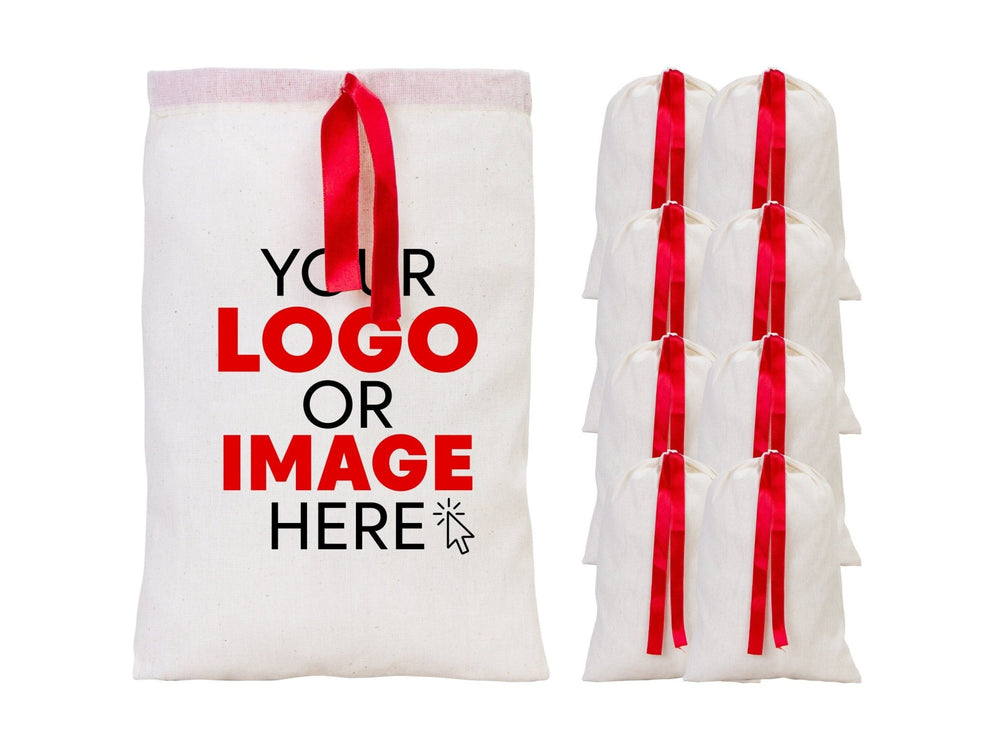 Personalized Logo Printed Cotton Bags – 8 W x 12 H (20 cm " x 30 cm ") Red Double Drawstring Pouch Bags, Custom Party Favor Bags for Bridal Gifts - Pamusan.com