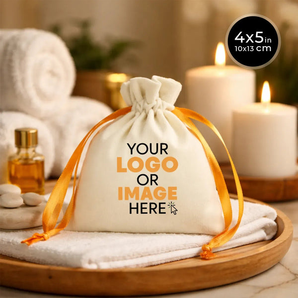 Personalized Velvet Rose Drawstring Pouch – Orange Ribbon – 4" × 5" (10 × 13 cm) - Pamusan.com