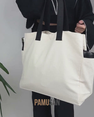 Blank Canvas Tote Bags 40 x 35 x 15 cm – Two Side Pockets, Black Woven Handles, Full 15 cm Gusset – 450 gsm Cotton
