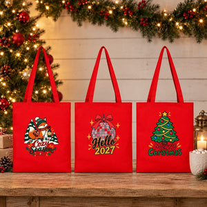 Red Canvas New Year Tote Bag 14" × 16" (35 × 40 cm) – Just Chillin' Snowman Printed Holiday Design - Pamusan.com