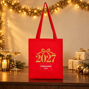 Red New Year Canvas Tote Bag 14" × 16" (35 × 40 cm) – Penguin Family 2027 Print, Custom Holiday Gift Bag - Pamusan.com
