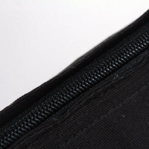 Close-up of a black zipper on a textured surface with a white background