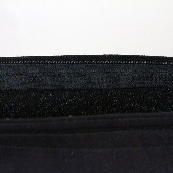 Close-up of black fabric with a zipper on a white background